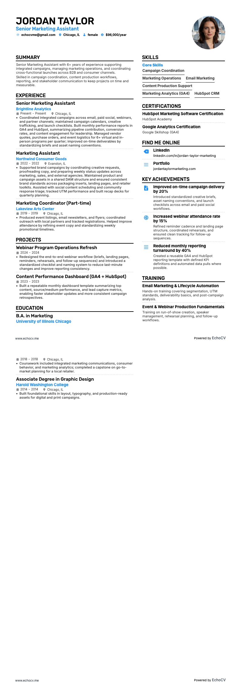 シニアマーケティングアシスタント example resume