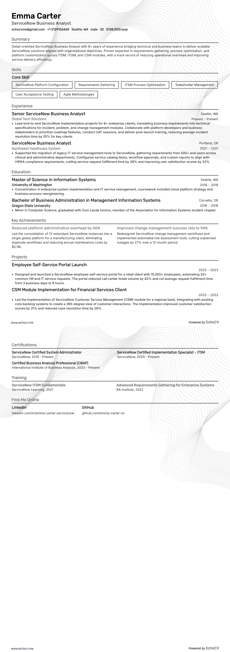 Servicenow Business Analyst example resume