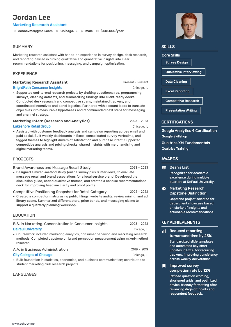 マーケティングリサーチアシスタント example resume
