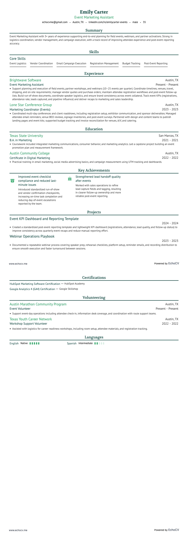 イベントマーケティングアシスタント example resume