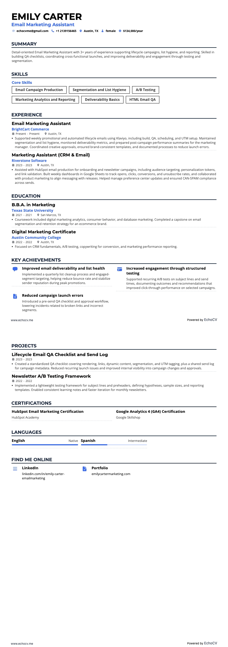 Eメールマーケティングアシスタント example resume
