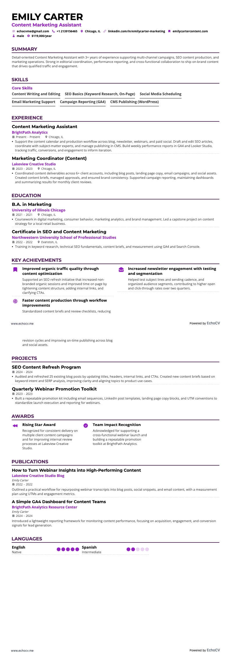 コンテンツマーケティングアシスタント example resume