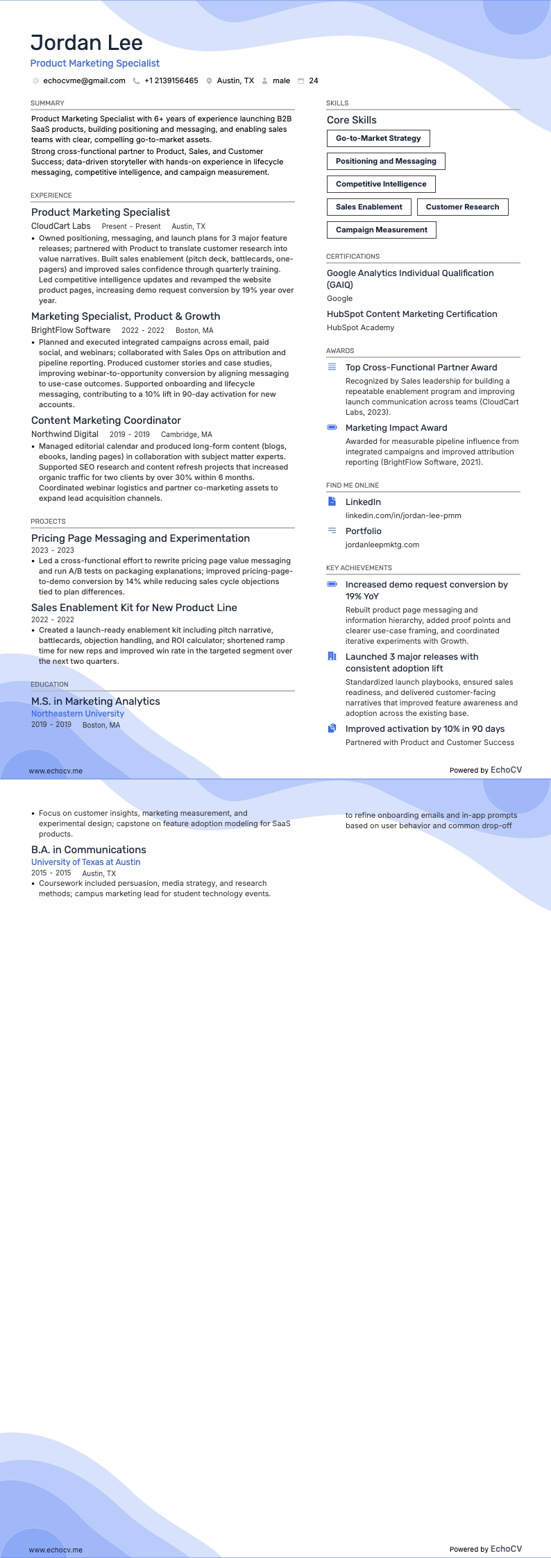 Product Marketing Specialist example resume