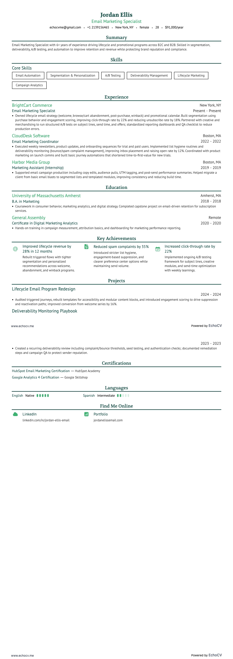 Email Marketing Specialist example resume