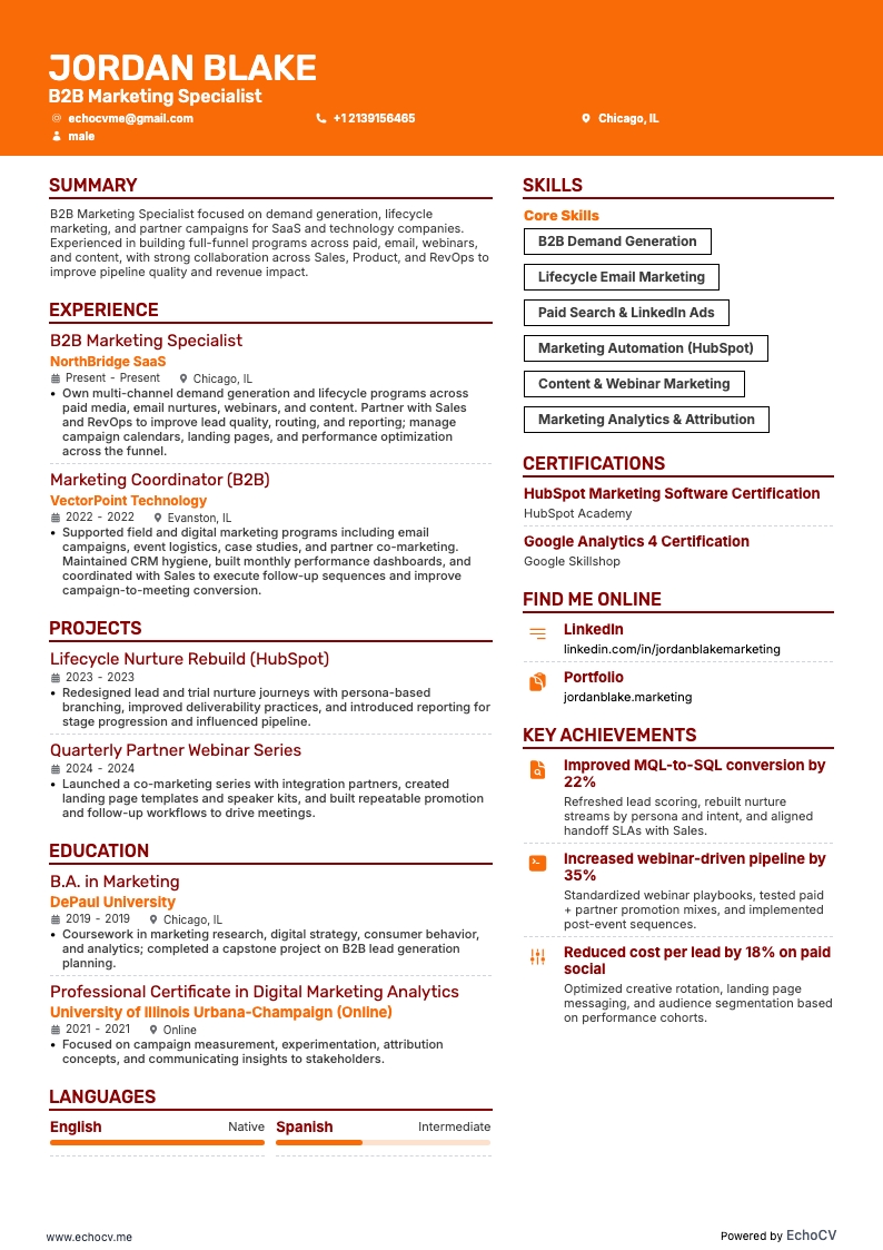 B2B Marketing Specialist example resume