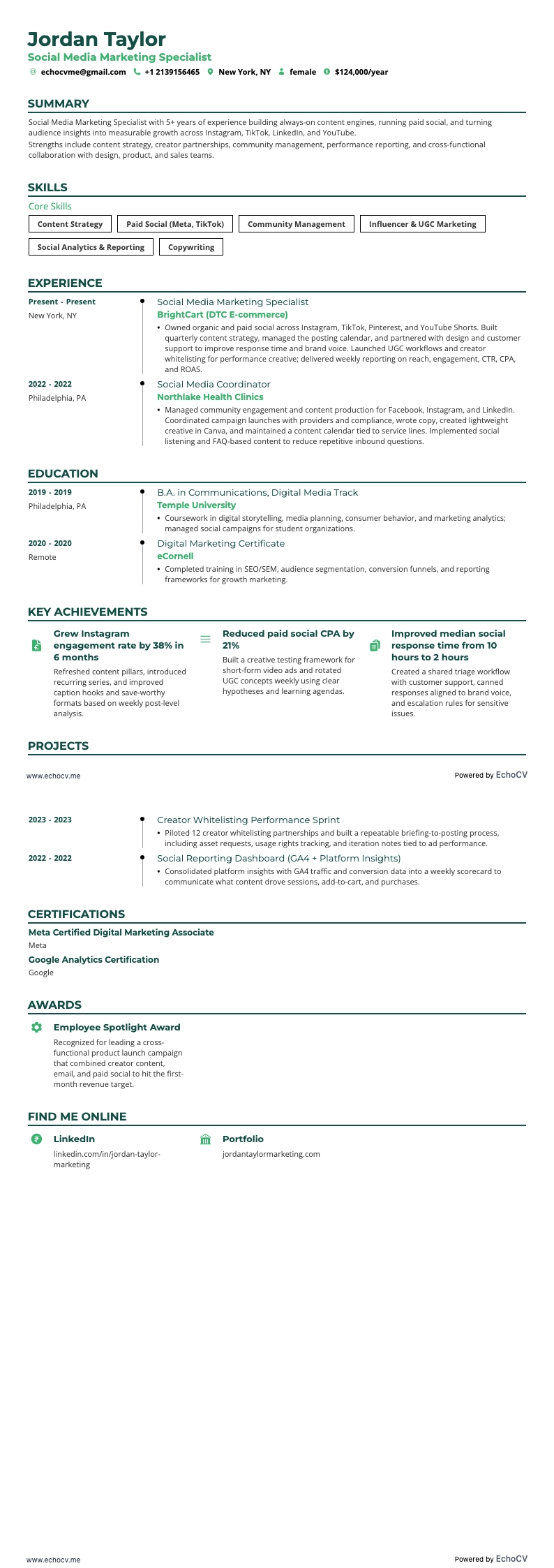 Social Media Marketing Specialist example resume