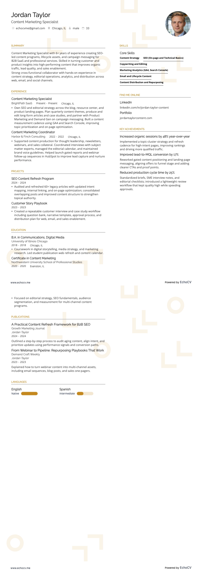 Especialista en marketing resume example