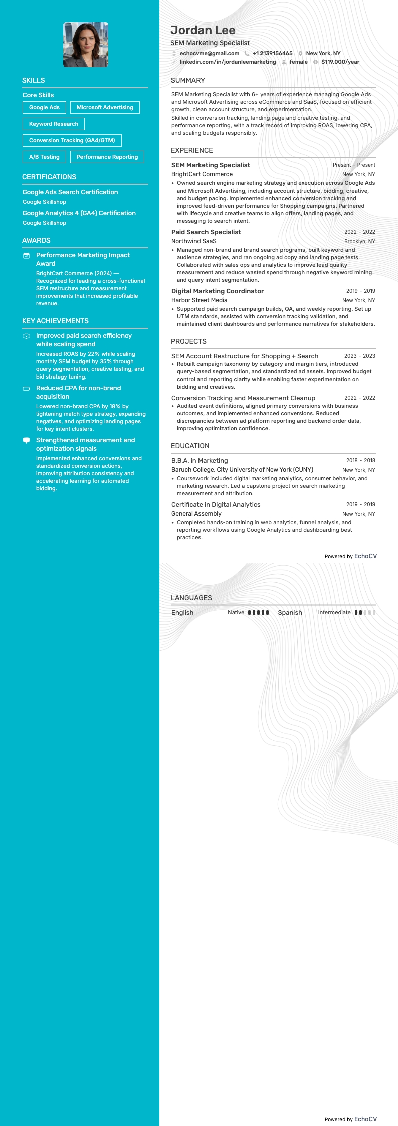 SEM Marketing Specialist example resume