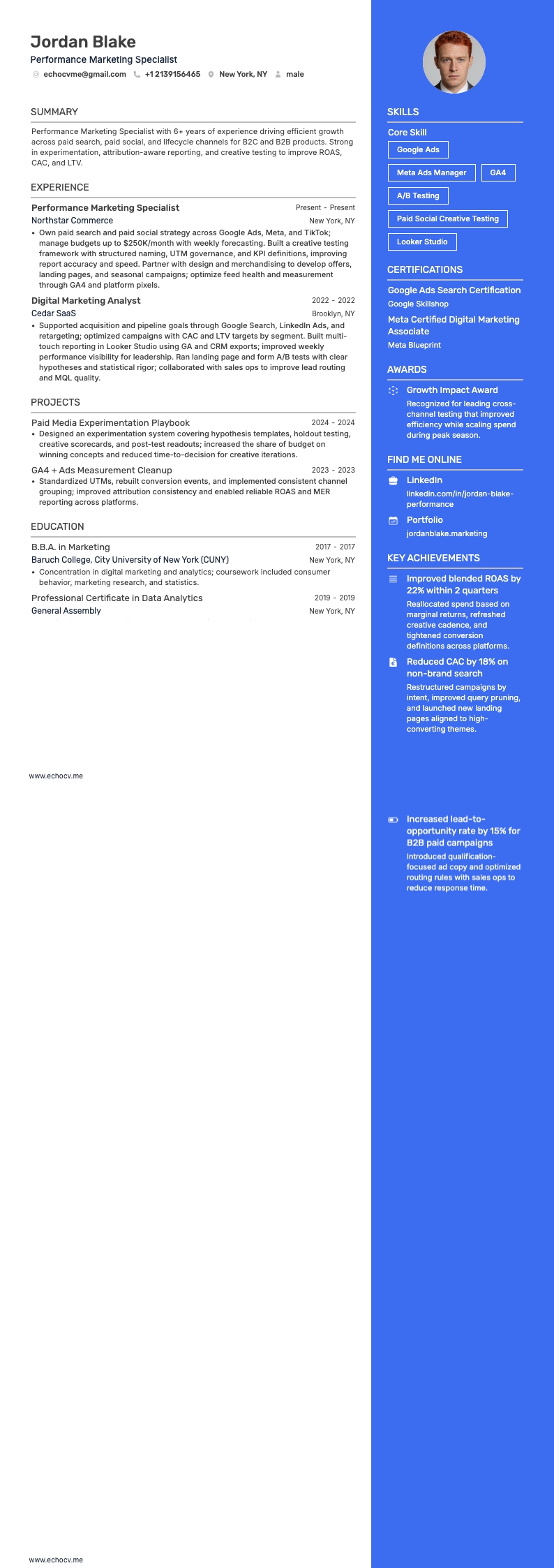 Specialista di marketing resume example