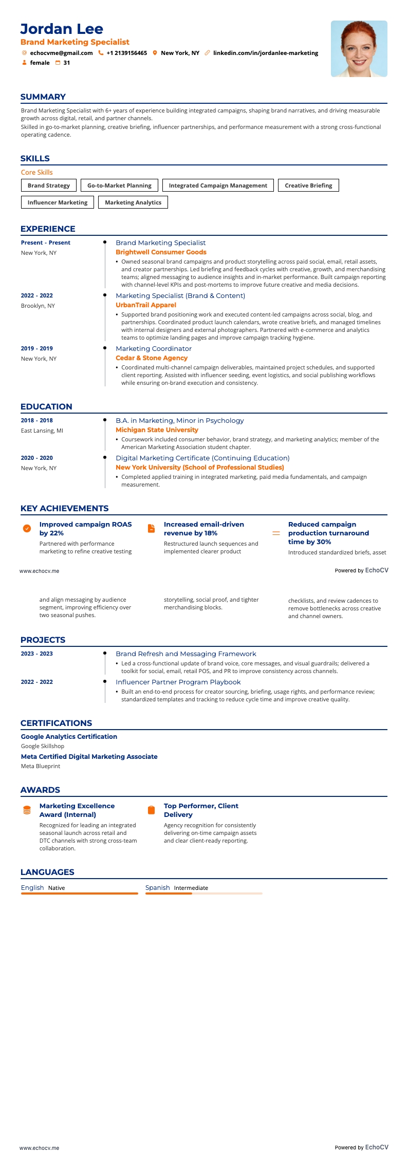 Brand Marketing Specialist example resume