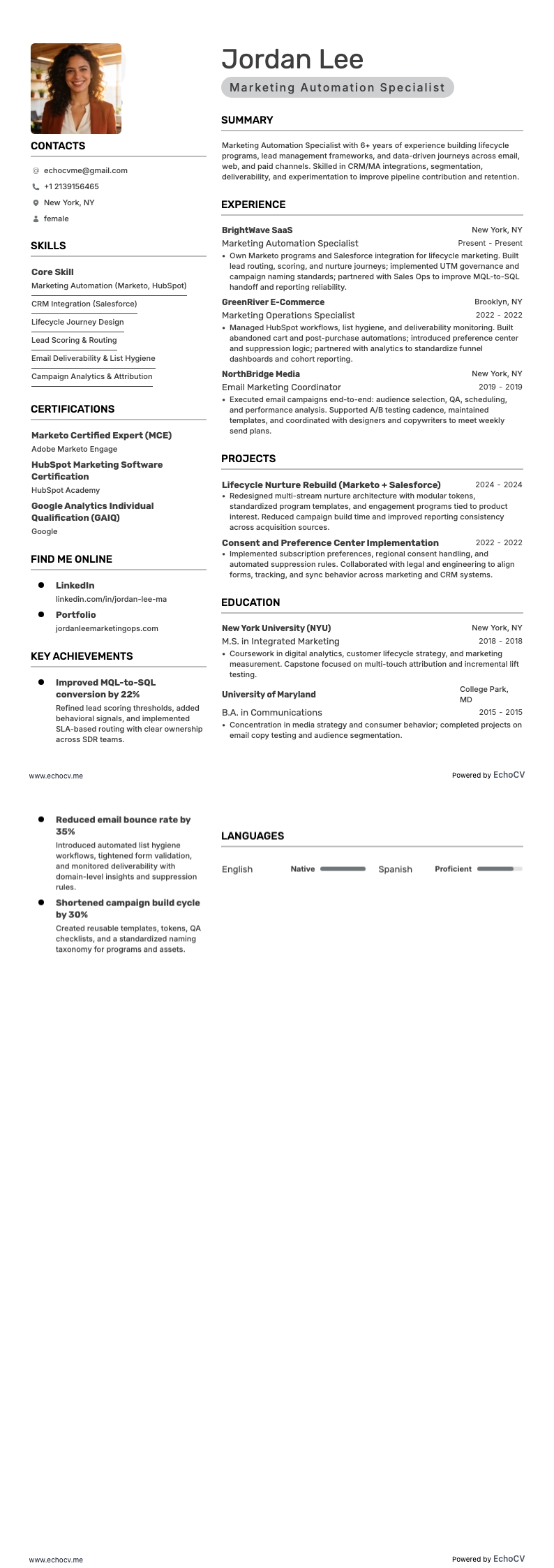 Marketing Automation Specialist example resume