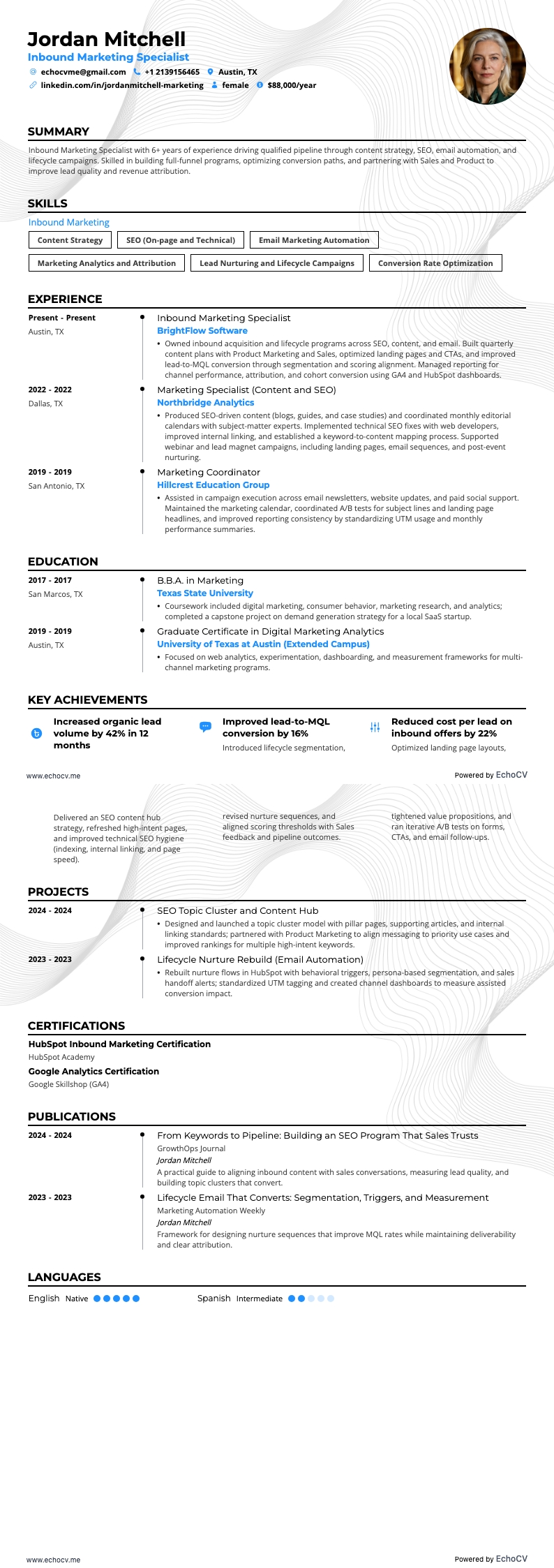 Inbound Marketing Specialist example resume