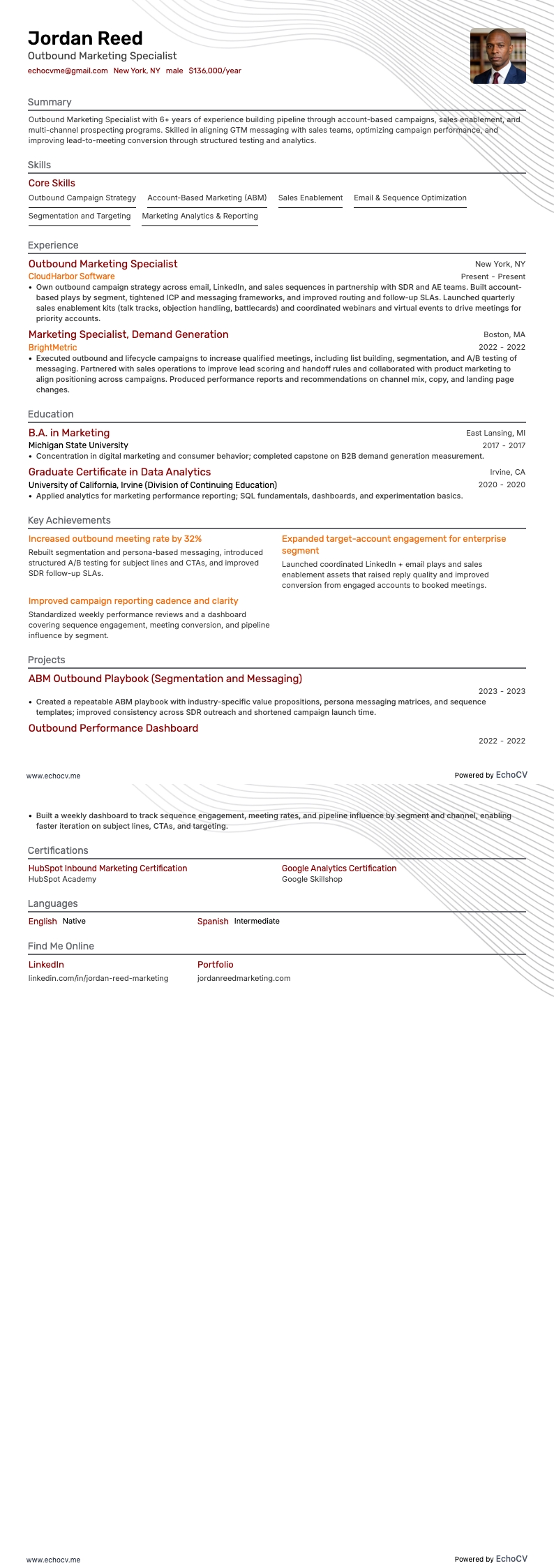 Outbound Marketing Specialist example resume