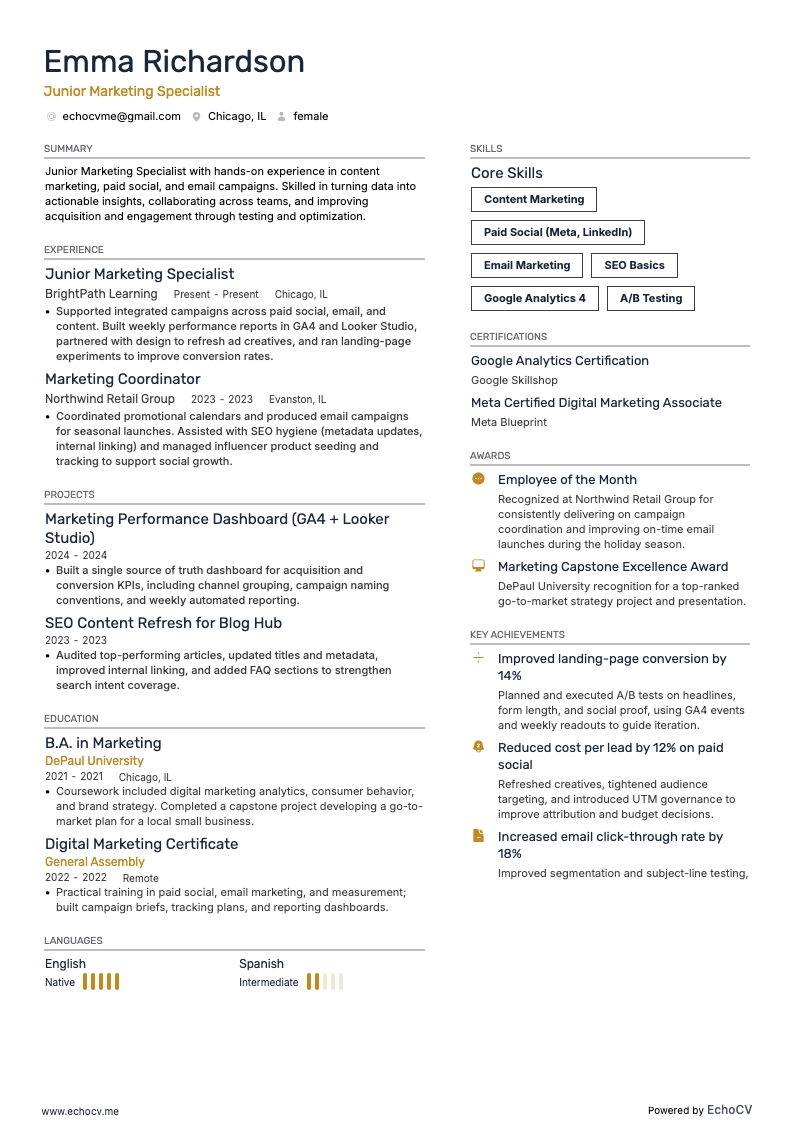 Junior Marketing Specialist example resume