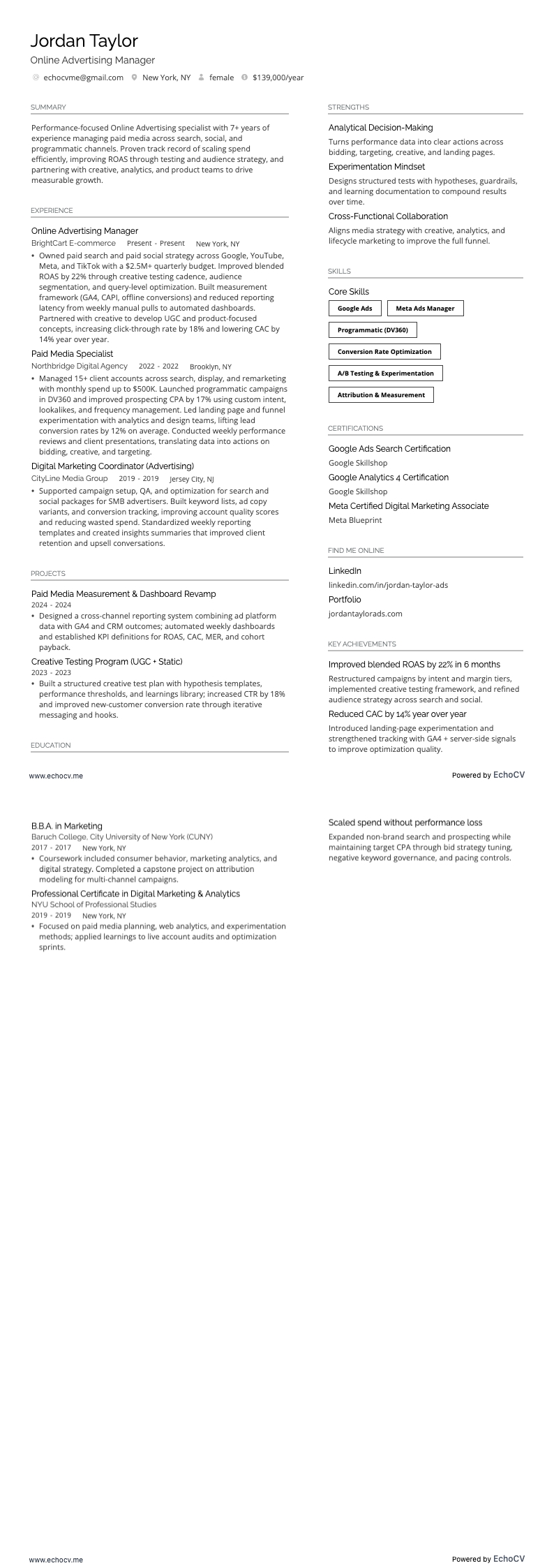 온라인 광고 example resume