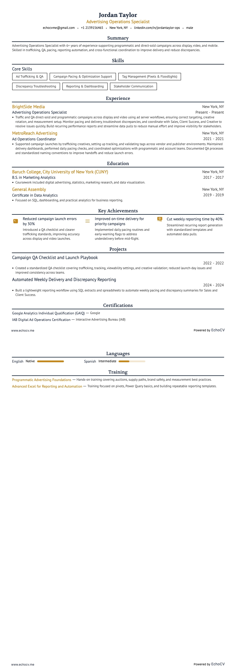 광고 운영 스페셜리스트 example resume