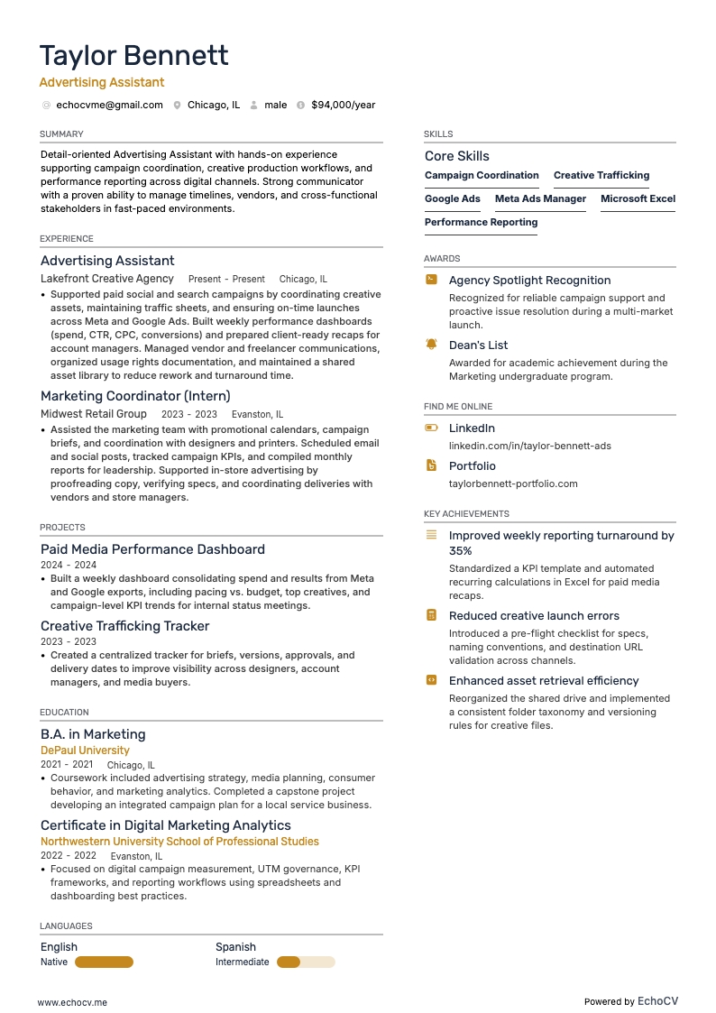 광고 어시스턴트 example resume