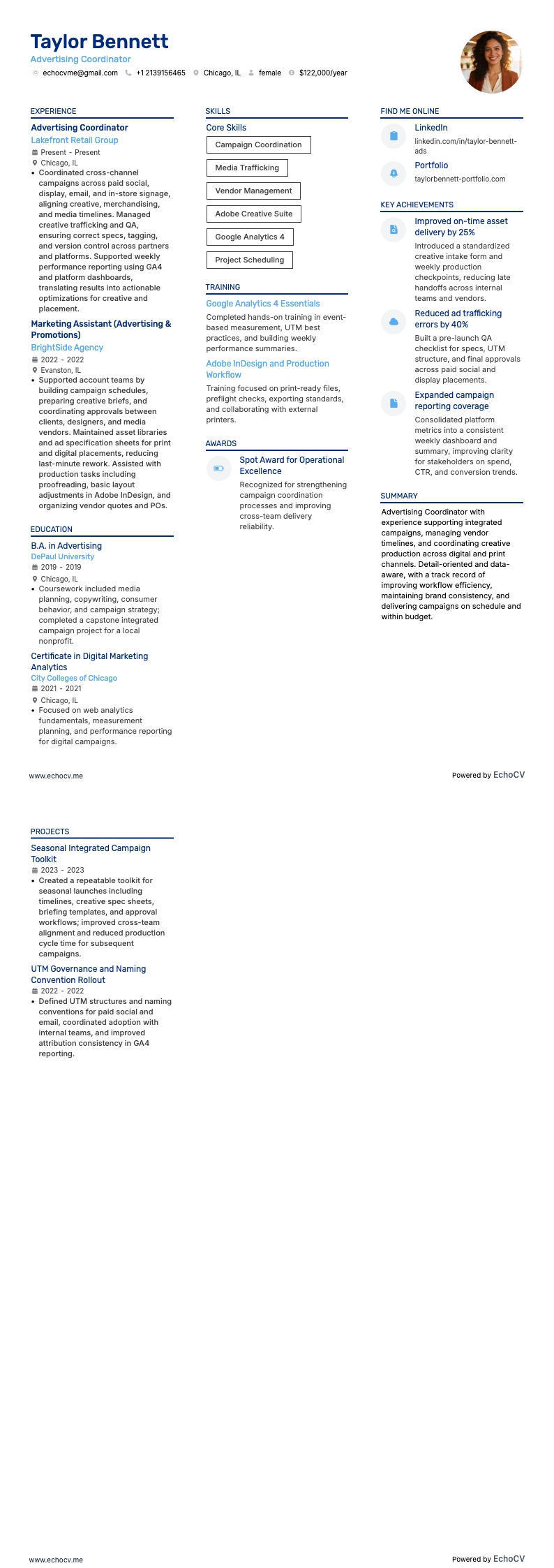 광고 코디네이터 example resume