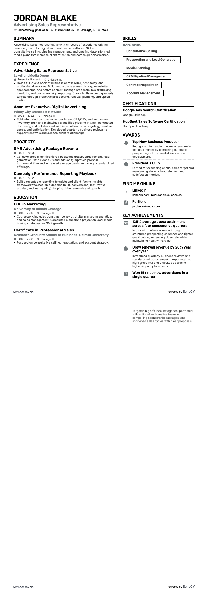 광고 영업 담당자 example resume