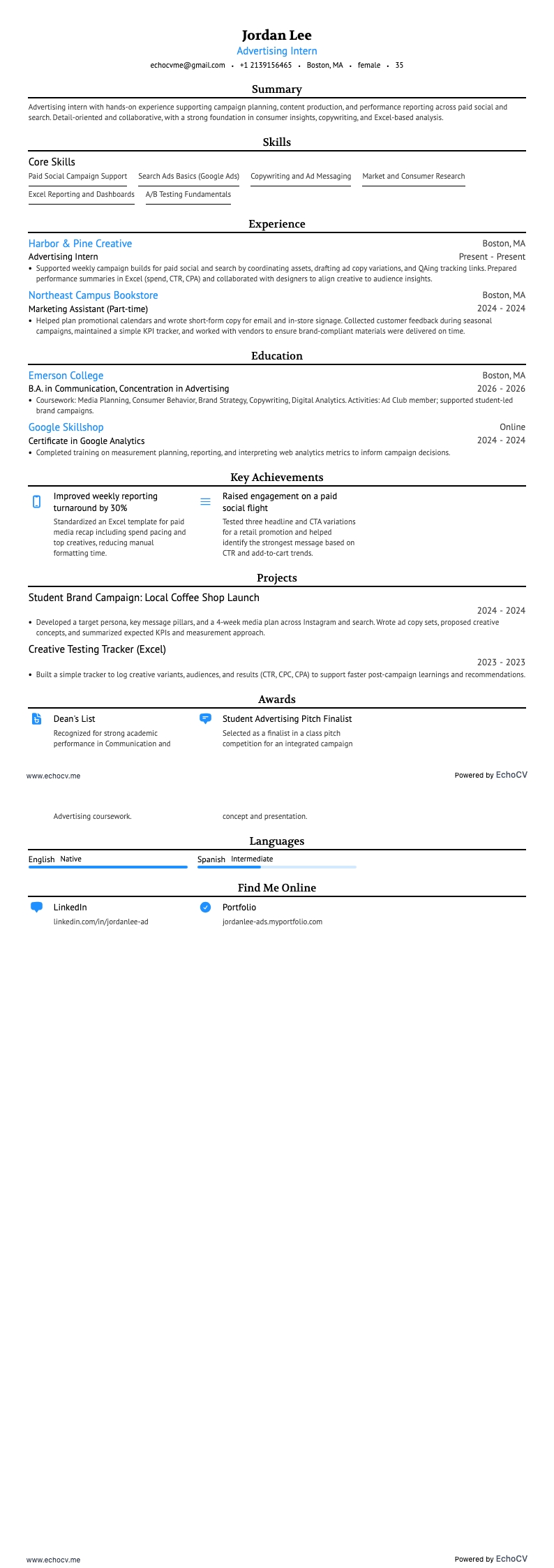 광고 인턴 example resume