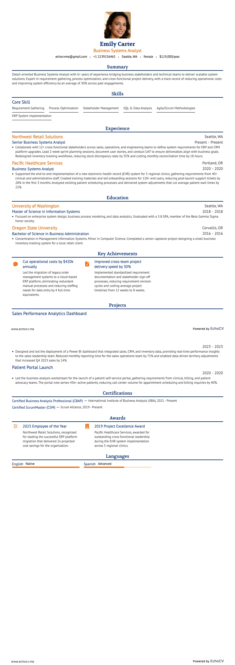 Business Systems Analyst example resume