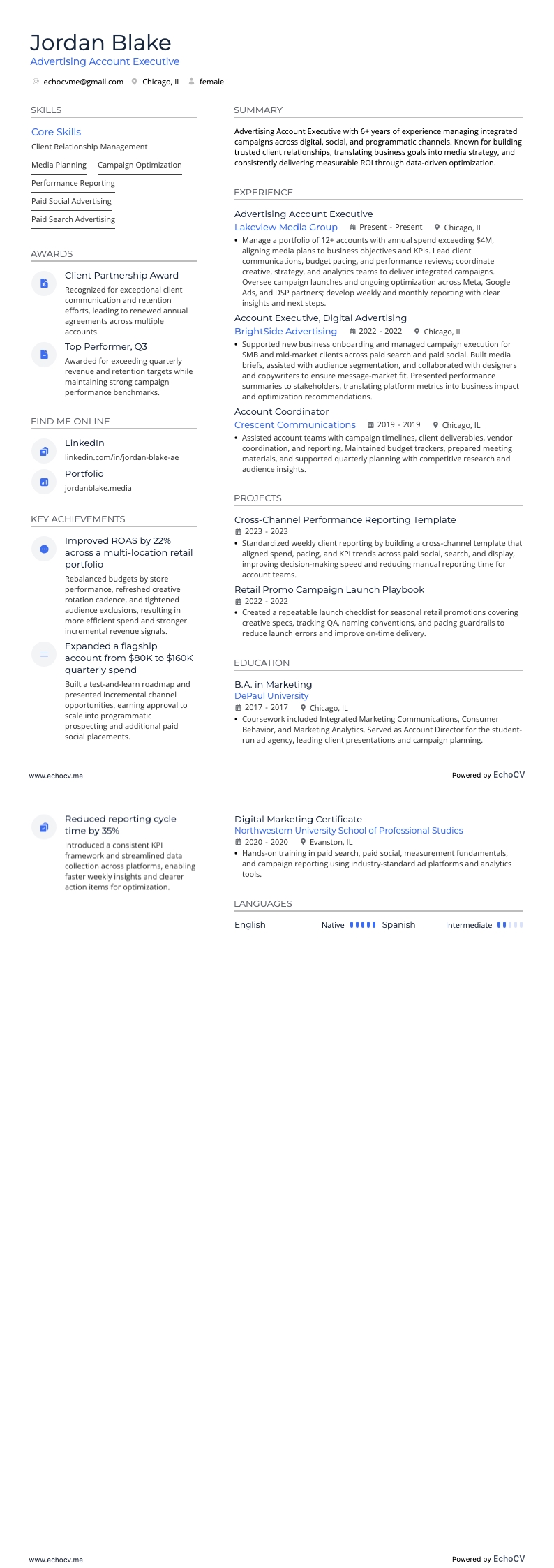 광고 계정 담당자 example resume