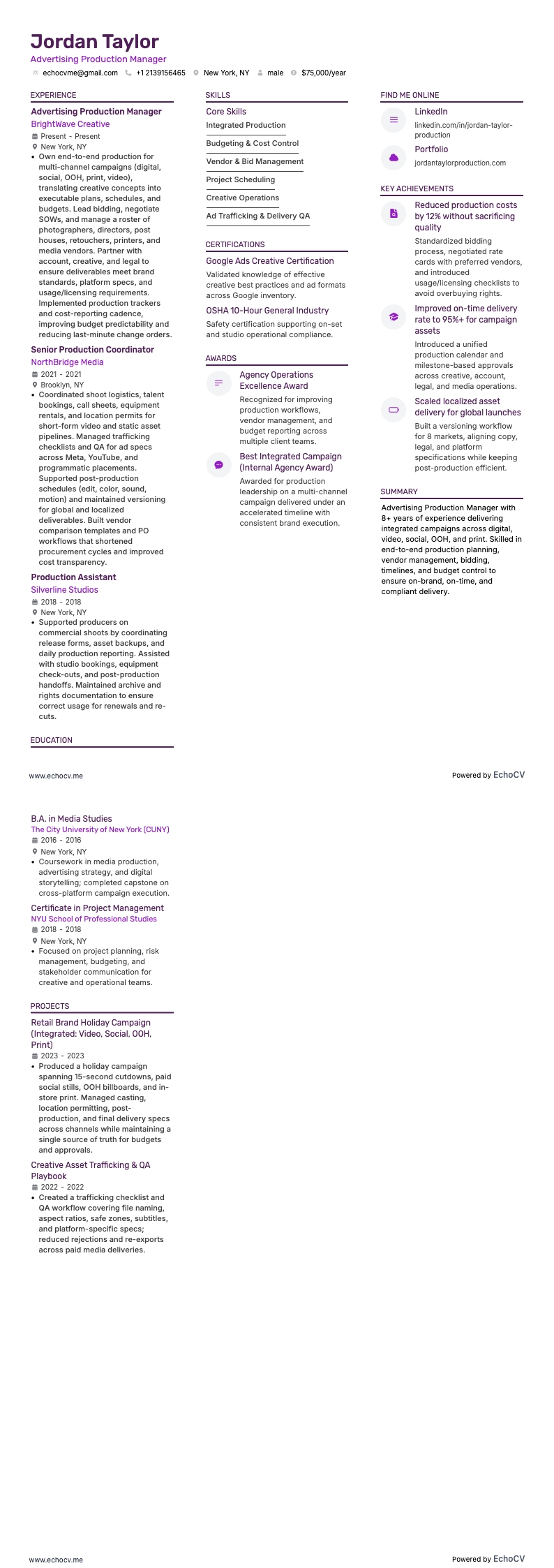 광고 제작 관리자 example resume