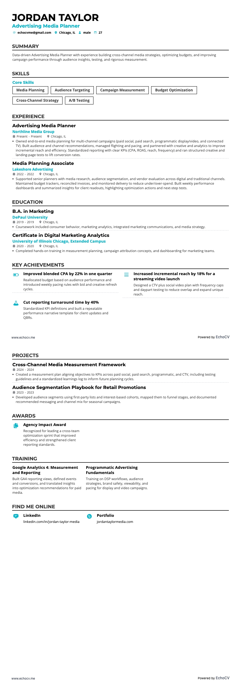 광고 미디어 플래너 example resume
