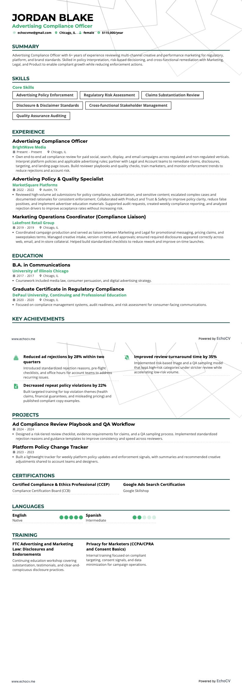 광고 컴플라이언스 담당자 example resume