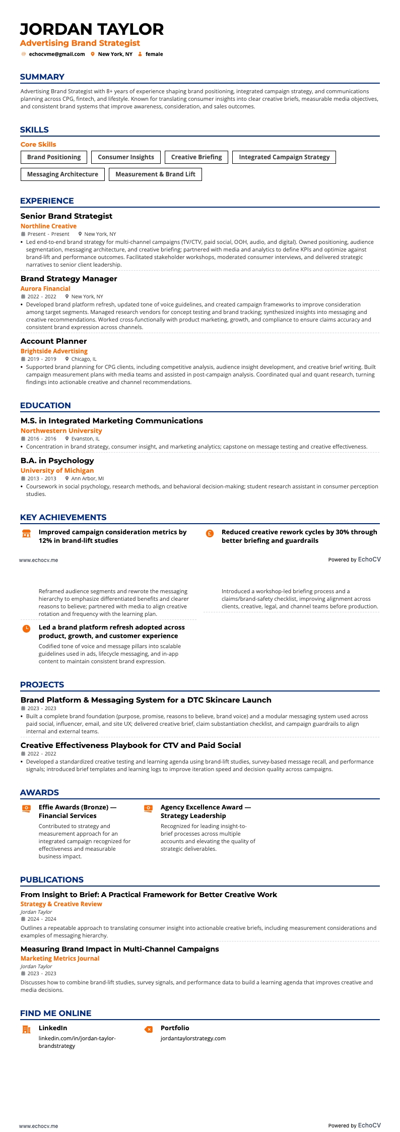 광고 브랜드 전략가 example resume