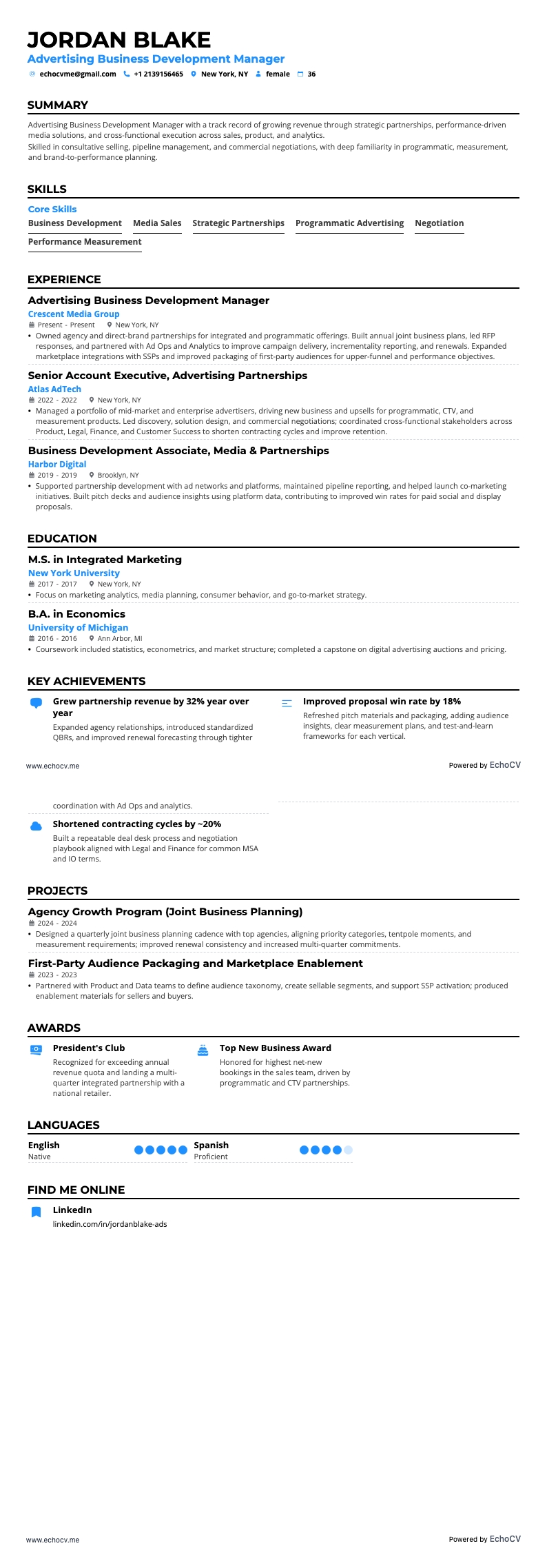 광고 사업개발 매니저 example resume