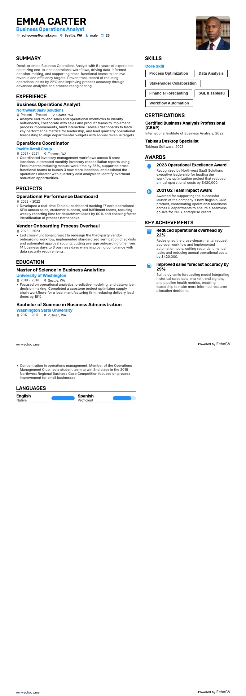 Business Operations Analyst example resume