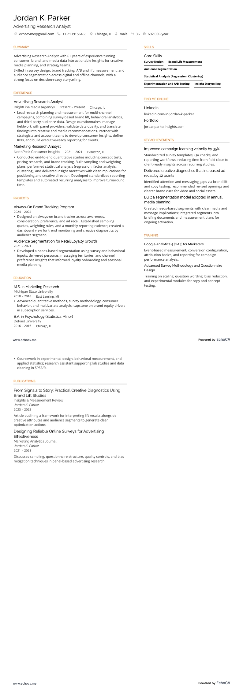 광고 조사 분석가 example resume