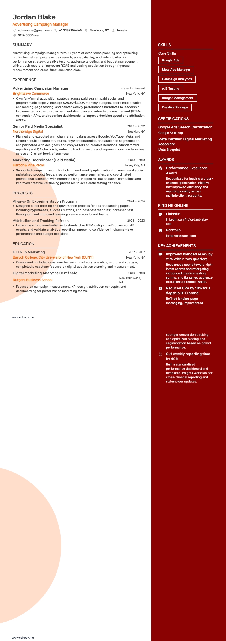 광고 캠페인 매니저 example resume