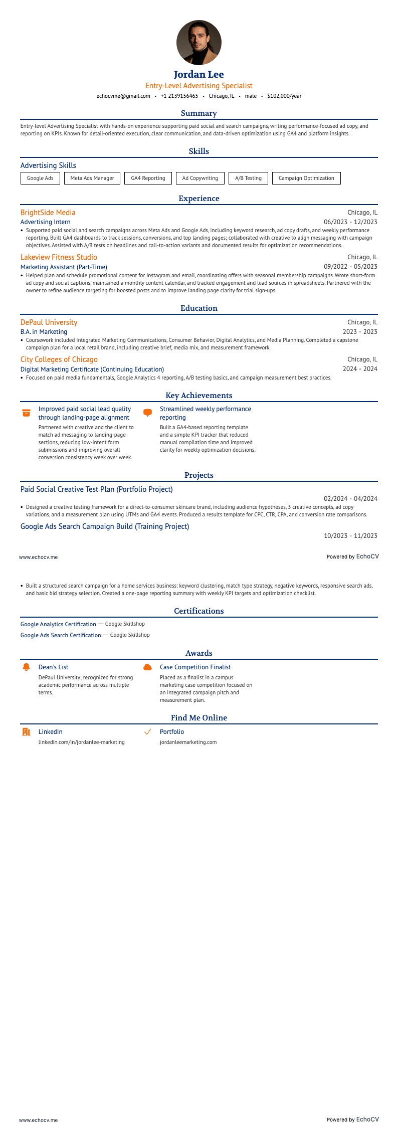 초급 광고 전문가 example resume