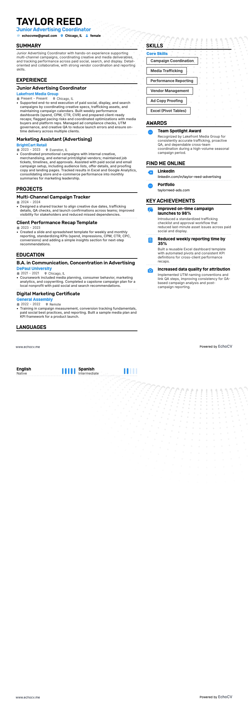 주니어 광고 코디네이터 example resume