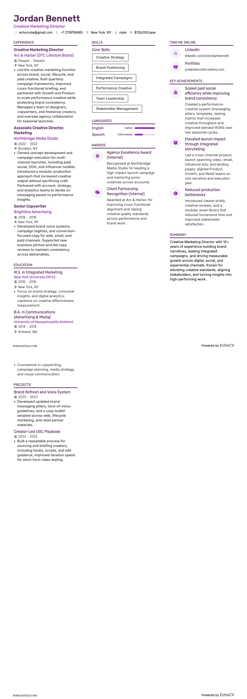 Directeur marketing créatif resume example