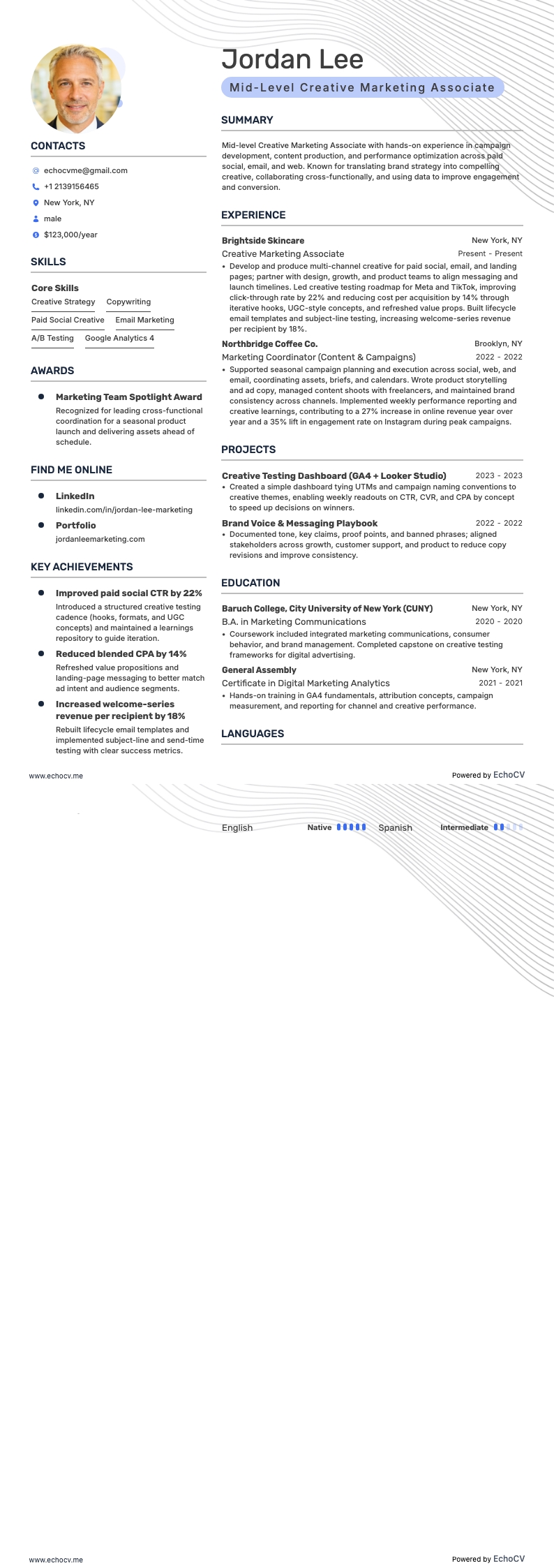 Marketing Creativo resume example