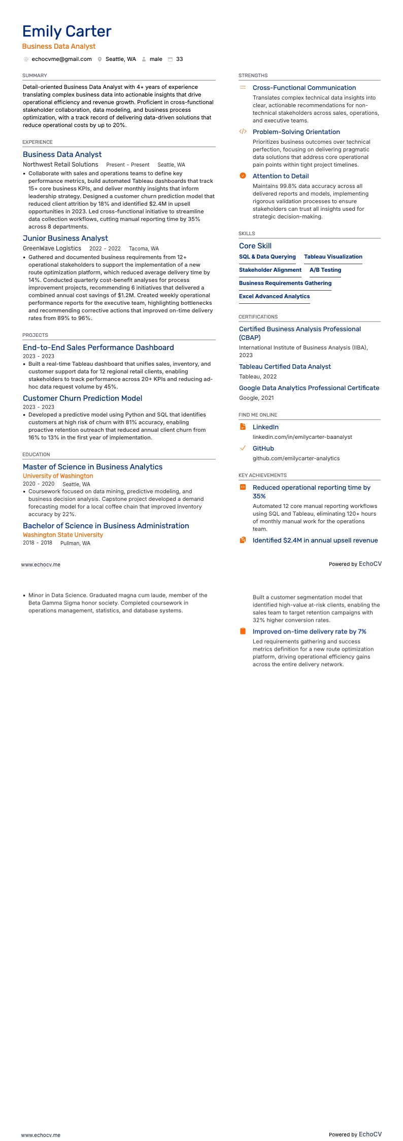 Business Data Analyst example resume