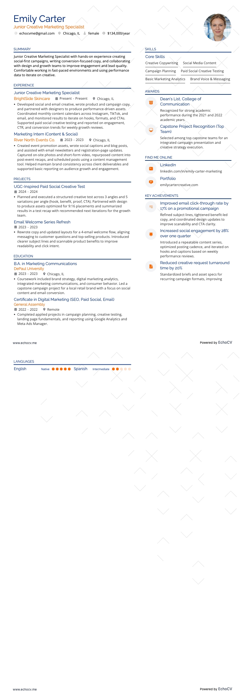 Spécialiste junior en marketing créatif example resume