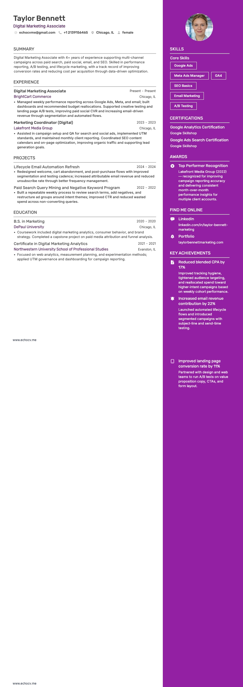 デジタルマーケティング担当 example resume