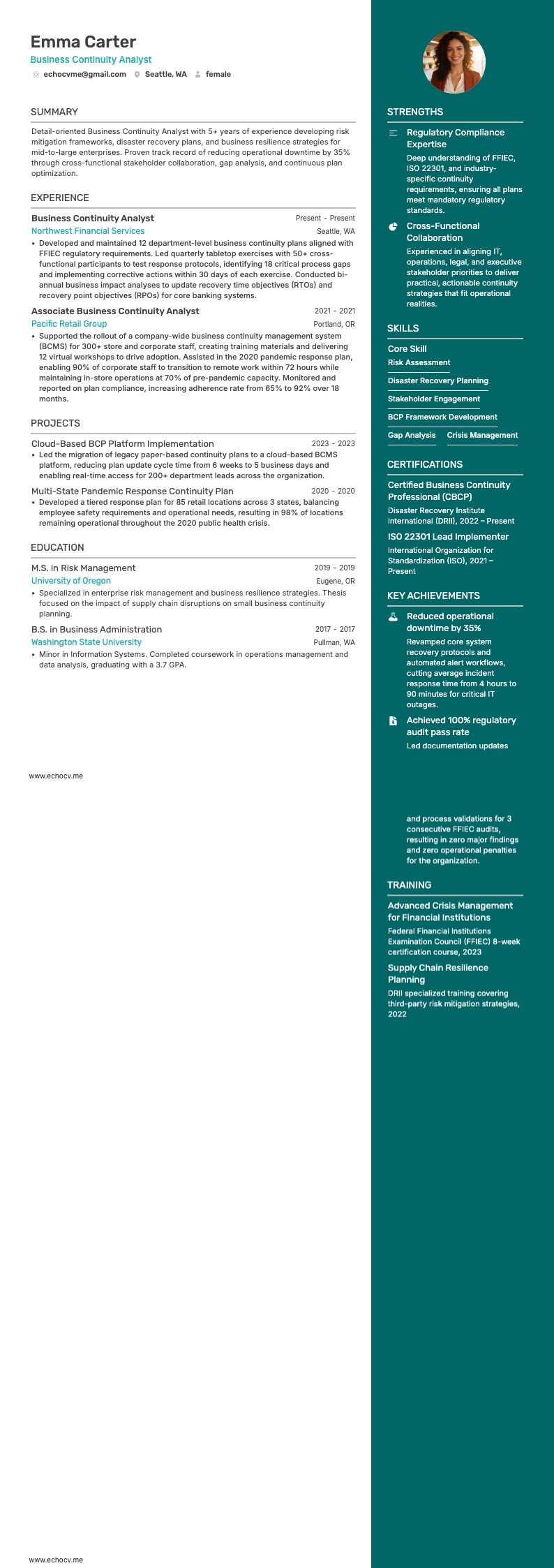 Business Continuity Analyst example resume