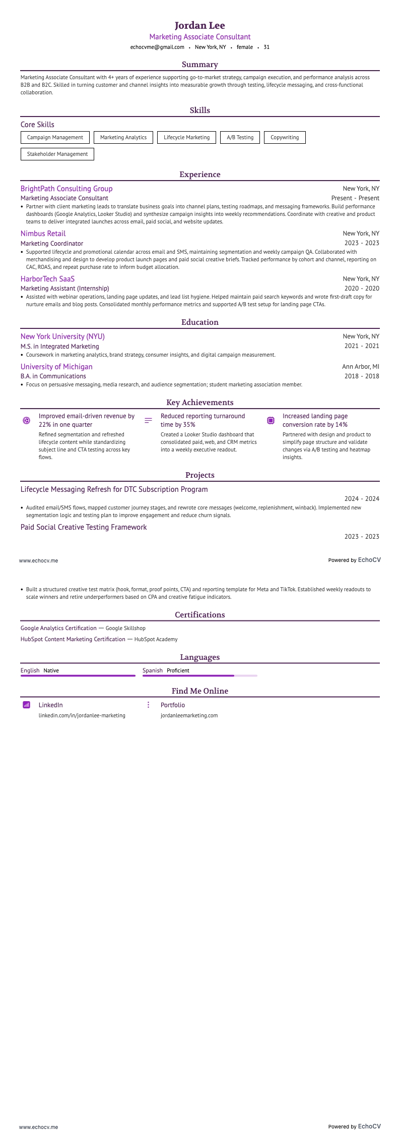 マーケティングアソシエイトコンサルタント example resume