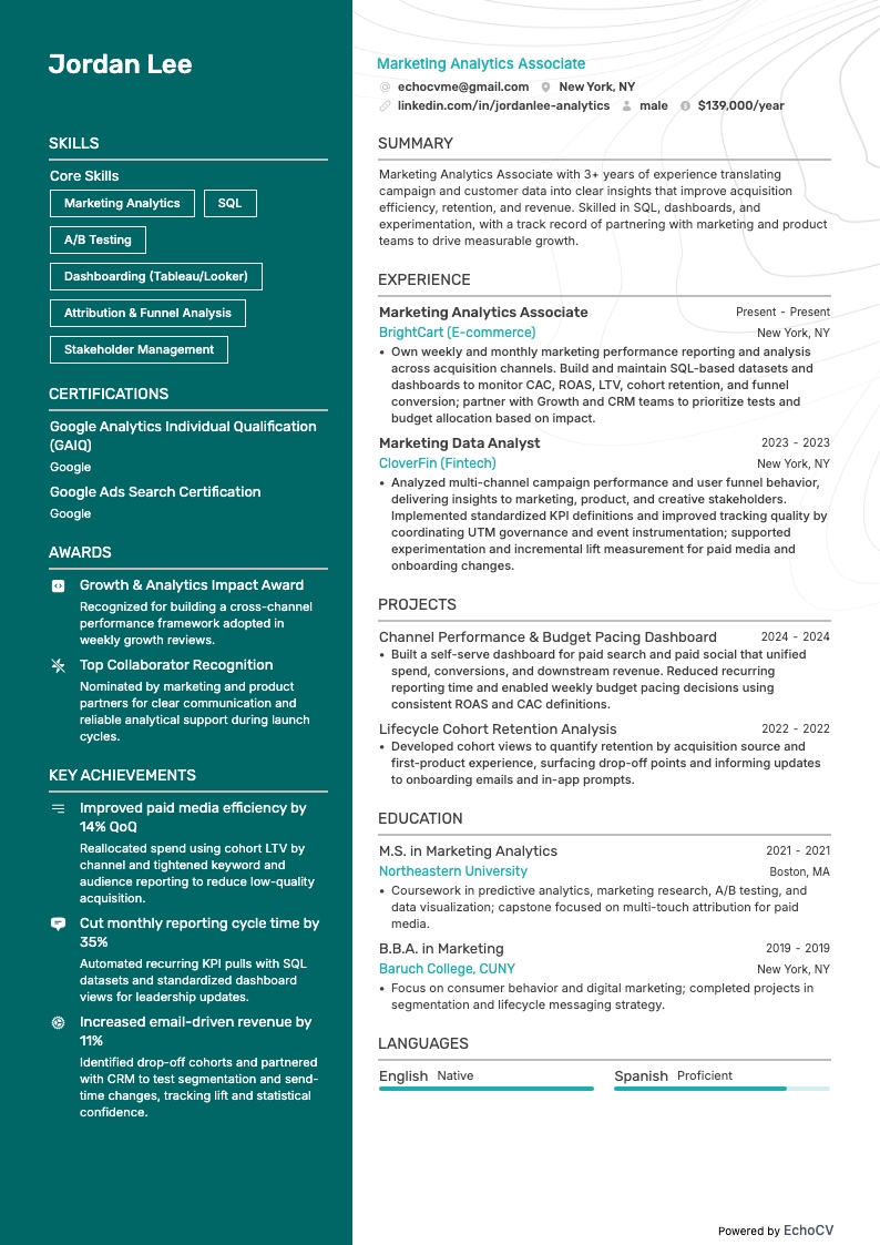 マーケティングアナリティクス担当 example resume