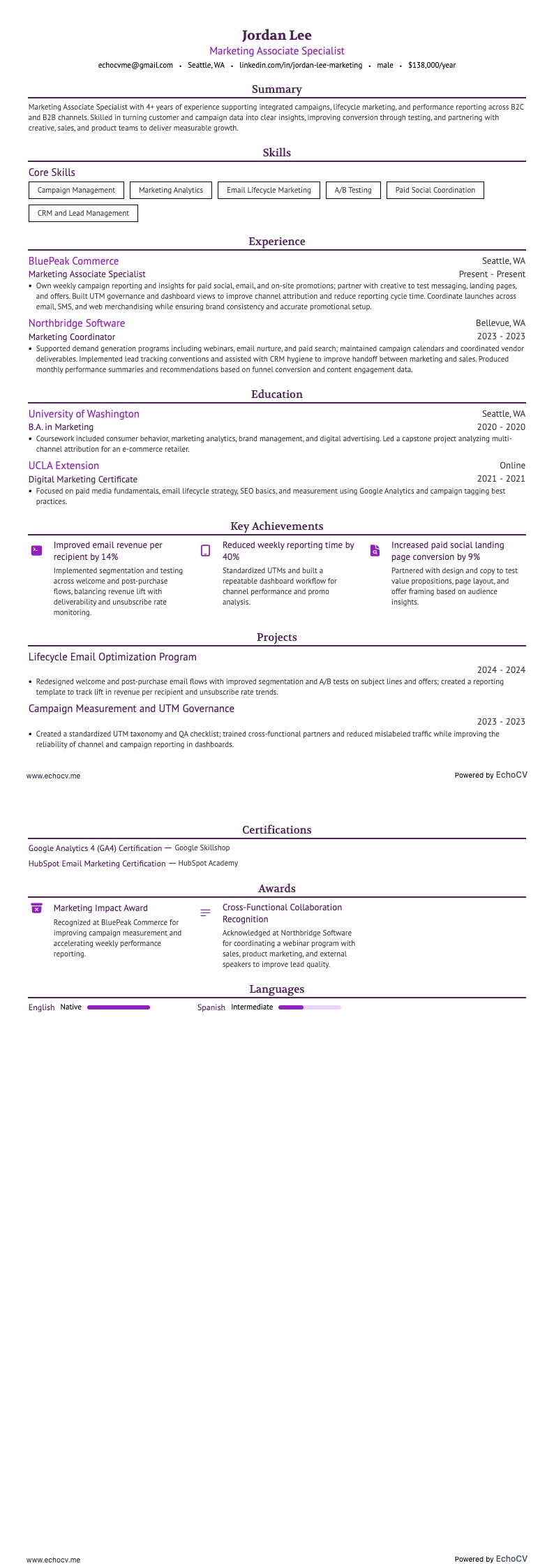 マーケティング アソシエイト スペシャリスト example resume