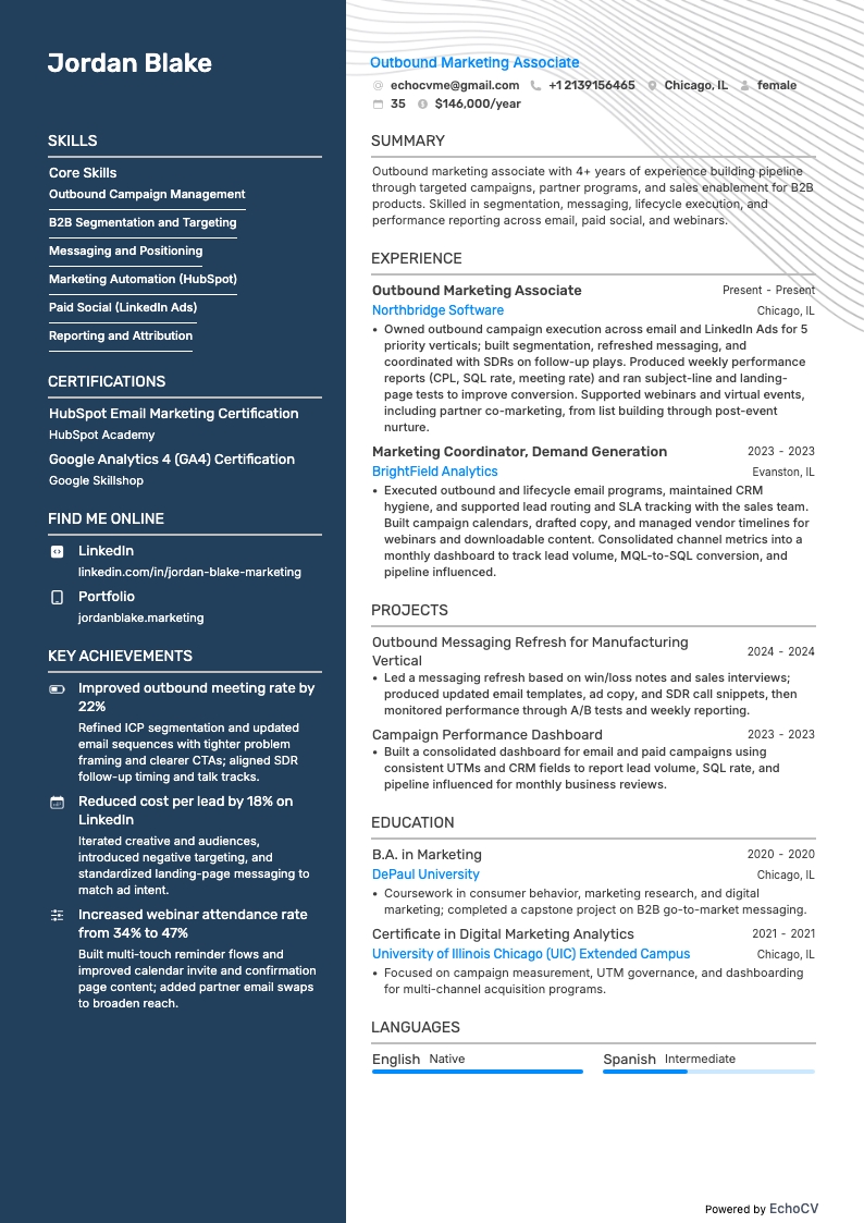 アウトバウンドマーケティング担当者 example resume