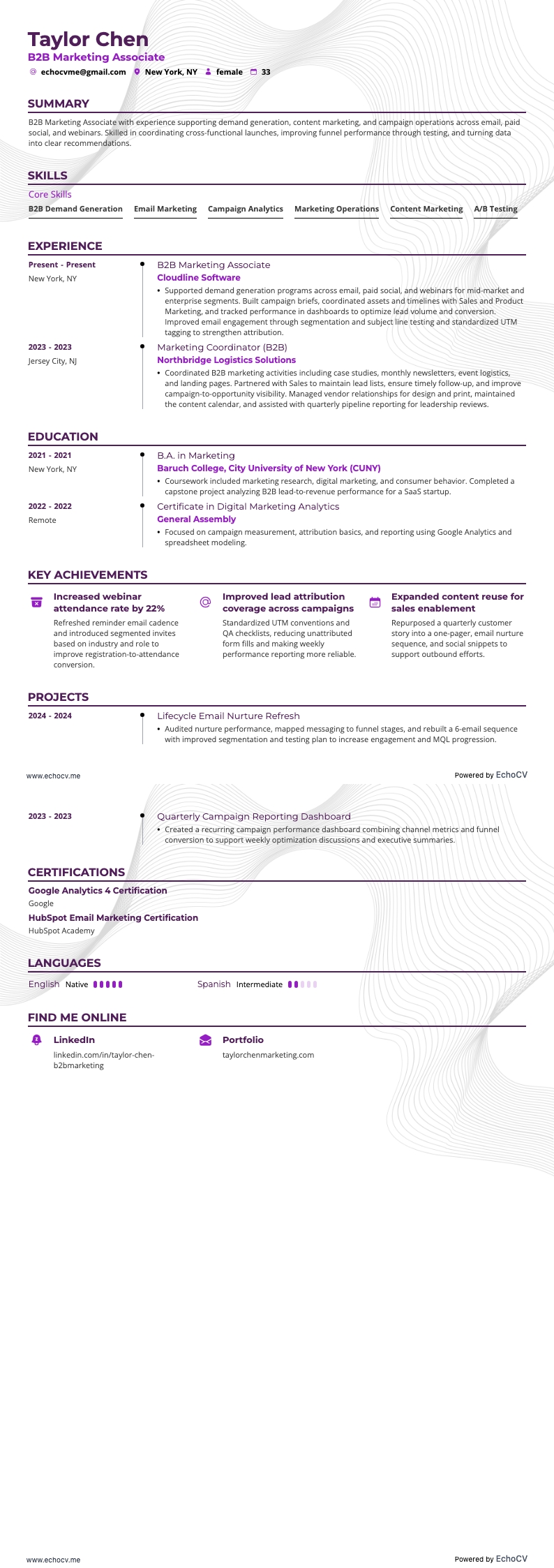 B2Bマーケティング担当 example resume