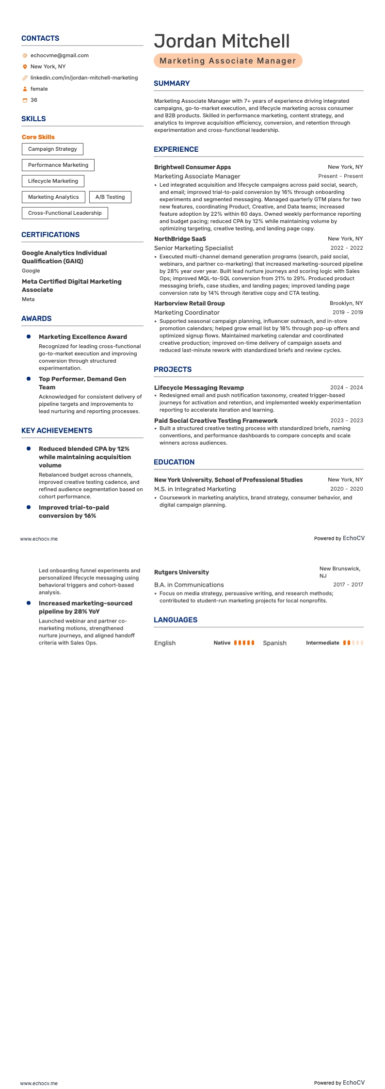 マーケティング担当者 resume example