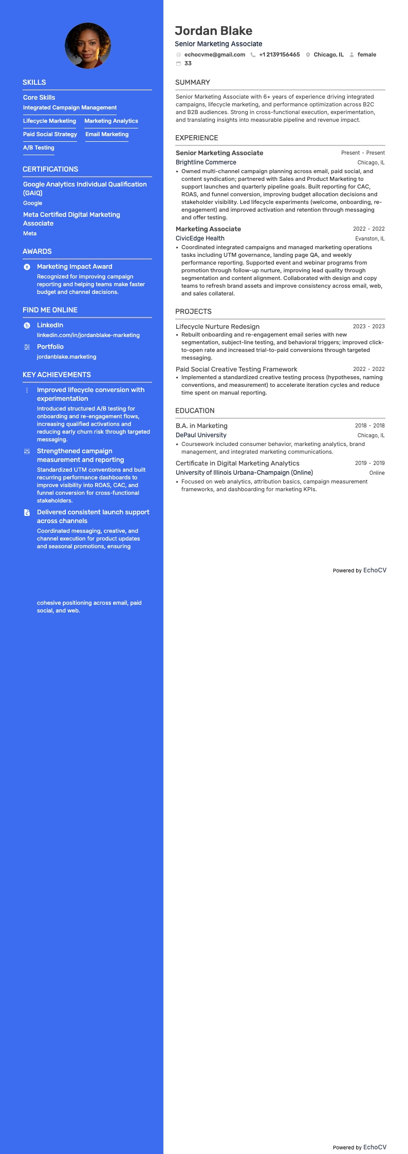 シニアマーケティングアソシエイト example resume