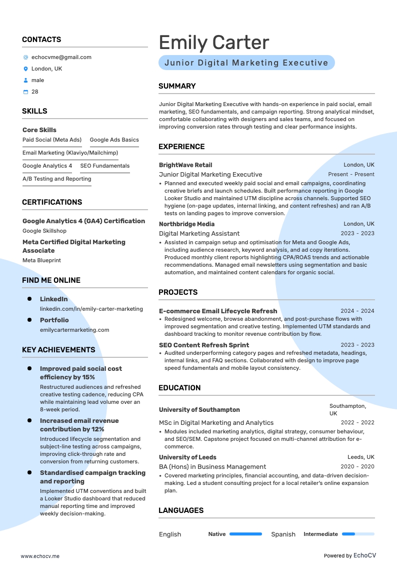 Chuyên viên marketing kỹ thuật số junior example resume